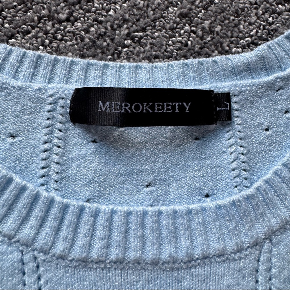 Elegant Sky Blue Crew Neck Sweater Sz L Short Sleeve Classic Casual Comfy Eyelet - Picture 2 of 9